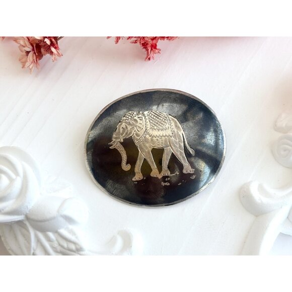 Hand Carved Elephant  Siam Sterling Silver Vintage Nielloware Brooch - Picture 5 of 10